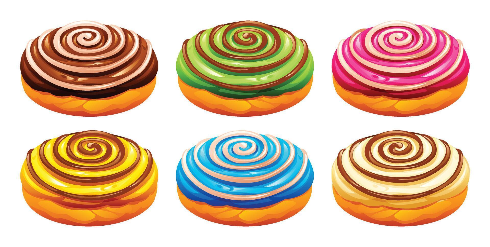 Collection of various sweet donuts with strawberry, matcha, banana, vanilla, and blueberry icing and spiral patterns. Cartoon illustration vector