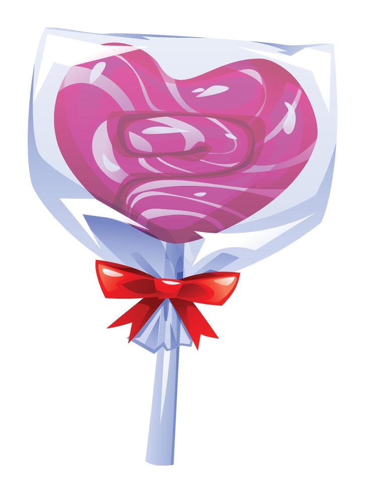 Heart-shaped pink lollipop with white swirls in a clear wrapper and a red bow. cartoon illustration vector