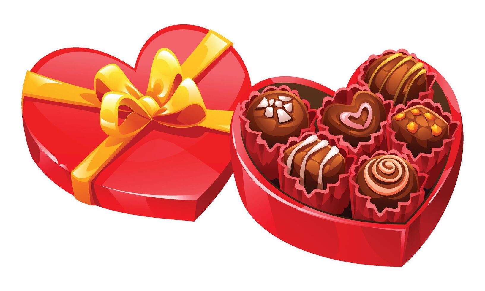 Open heart-shaped red box of assorted chocolates with a golden ribbon. Perfect romantic gift for loved ones. Cartoon illustration vector
