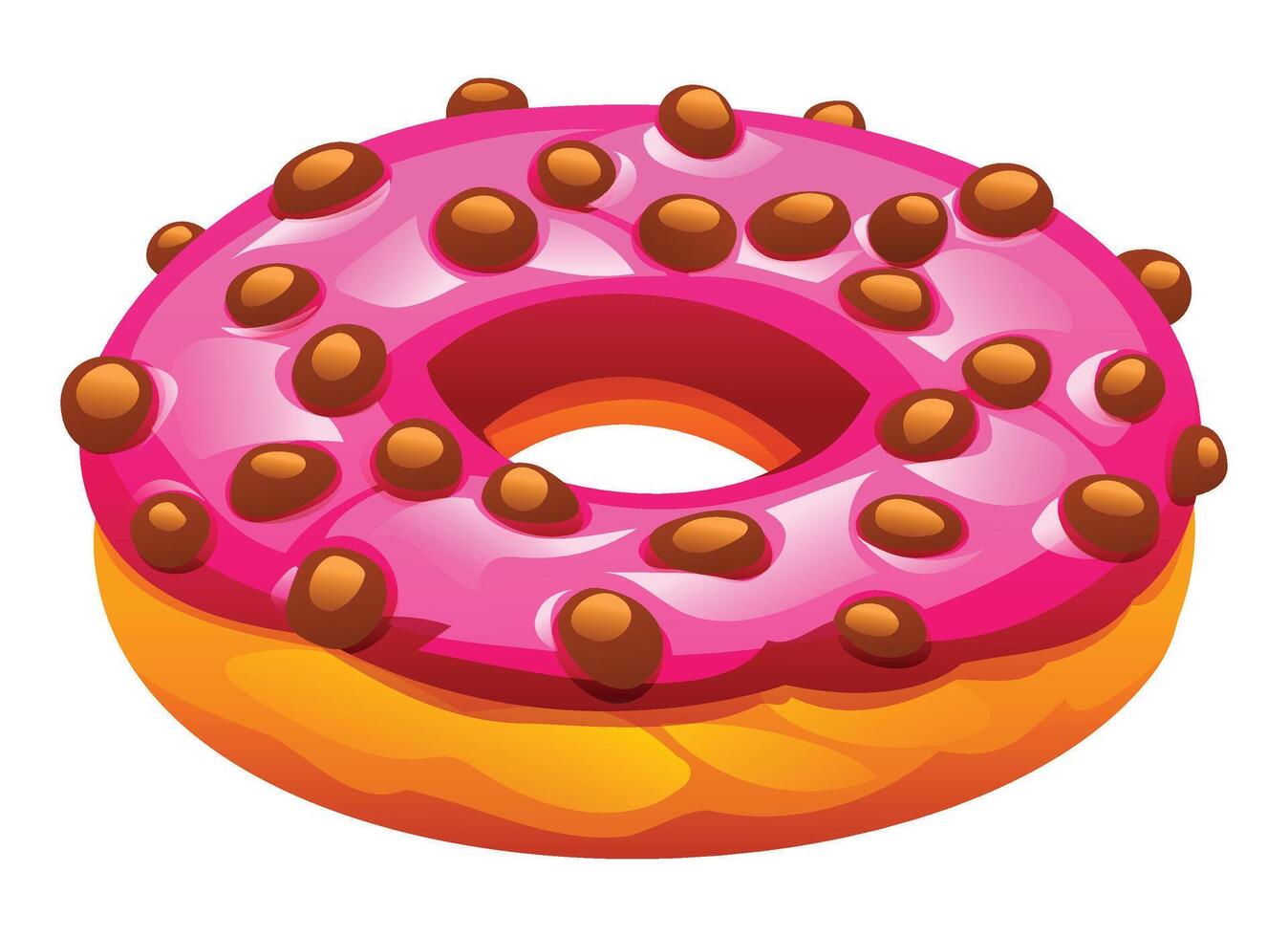 Strawberry pink glazed donut embellished with chocolate balls on top, isolated on a white background. Cartoon illustration vector