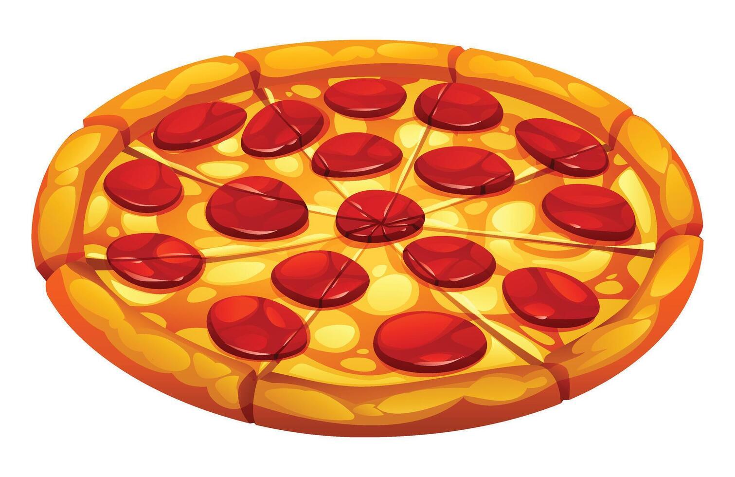 Whole pepperoni pizza, sliced and ready to eat, with melted cheese on a white background. Cartoon illustration vector