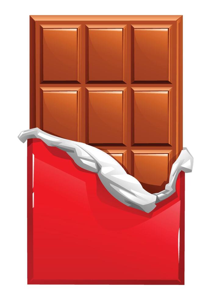 Red wrapper partially peeled back to reveal a whole chocolate bar inside. Enticing and ready to eat. Cartoon illustration vector
