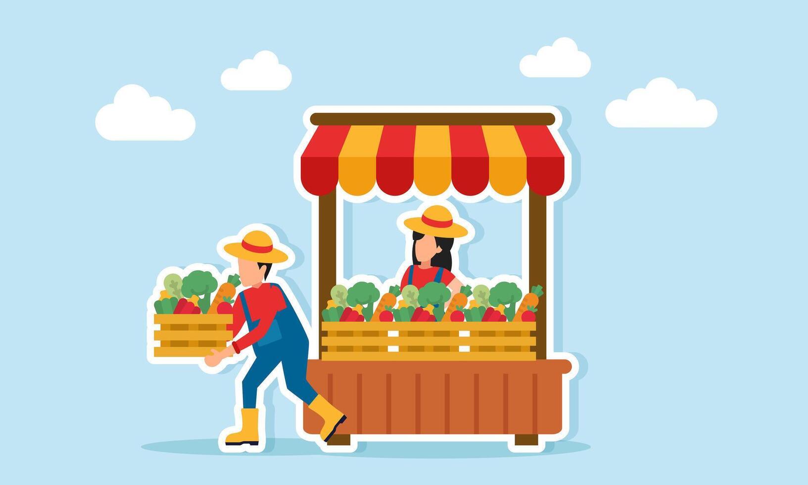 Farmer carrying basket full of vegetables near female vendor selling at a stall with vegetables illustration of agricultural product management vector