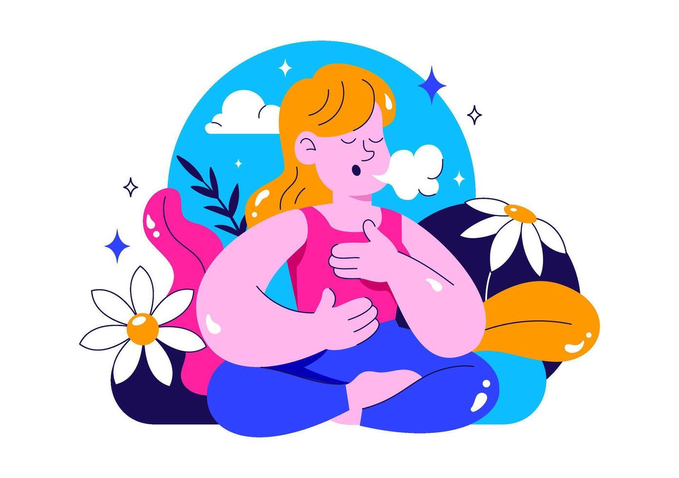Peaceful Breathwork Session for Mental Health and Wellness in a Cartoon Background vector