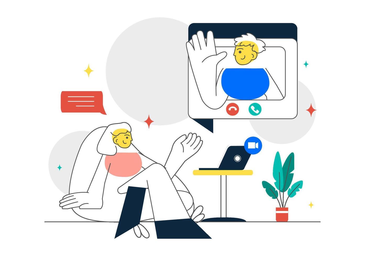 Flat Style of Remote Communication with Friends in a Call Conference via Laptop or Phone vector