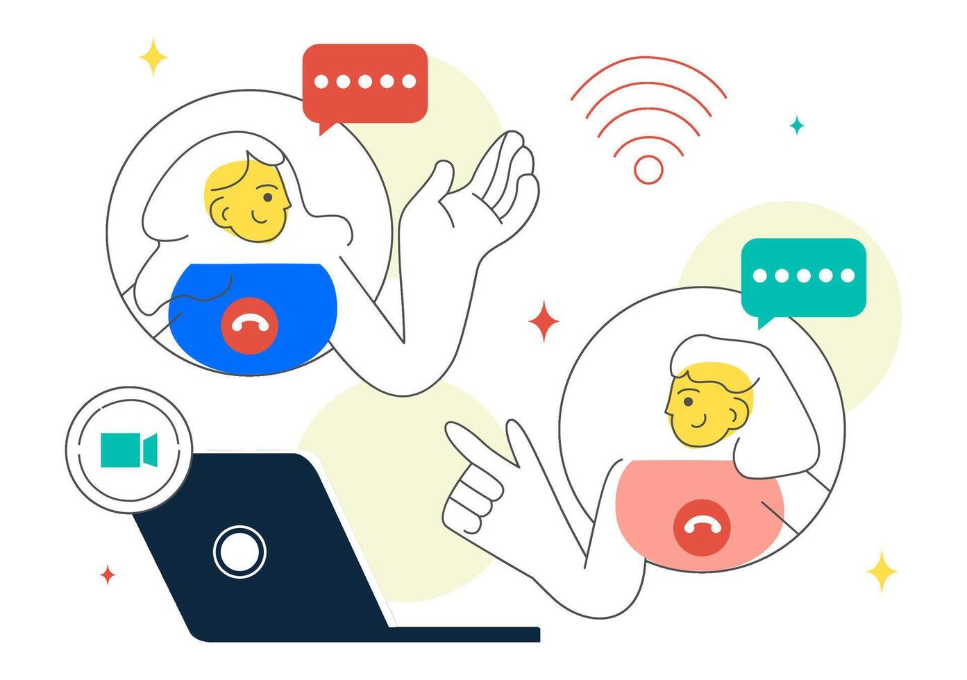 Flat Cartoon of Online Friends Chatting on a Remote Call While Telecommuting vector