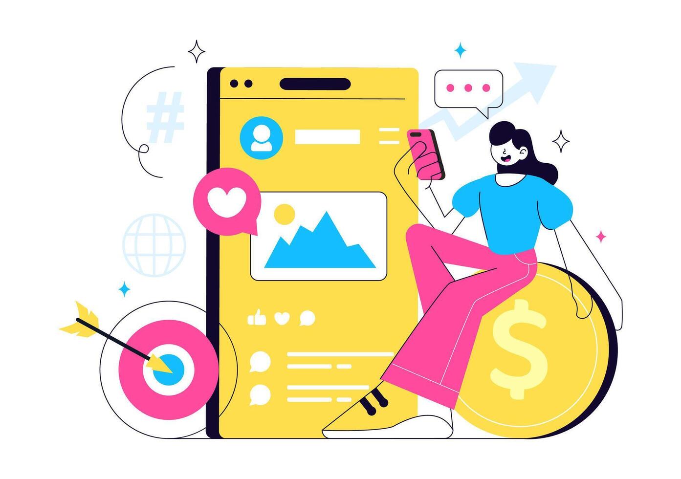Social Media Influencer Marketing Illustration for Online Promotion in Flat Style Cartoon Background vector
