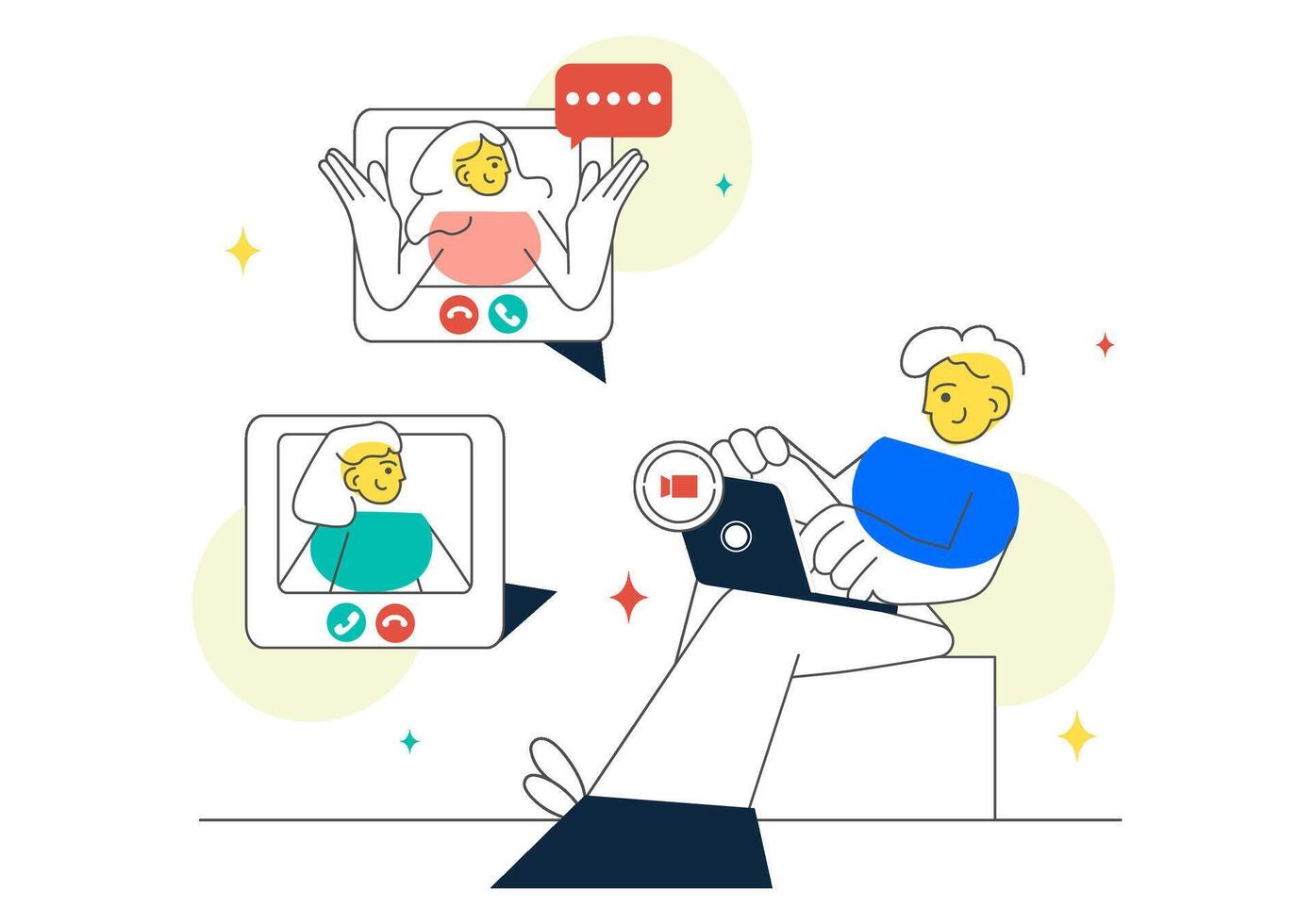 Remote Call Conference Illustration with Online Friends Using Mobile or Laptop Webcam from Home vector
