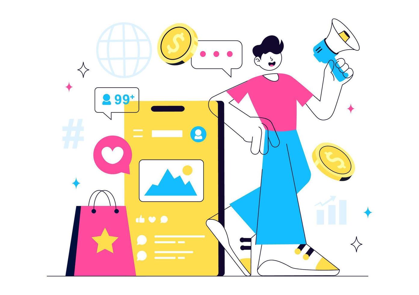 Influencer Collaboration Illustration with Sponsored Posts in a Flat Cartoon Background vector
