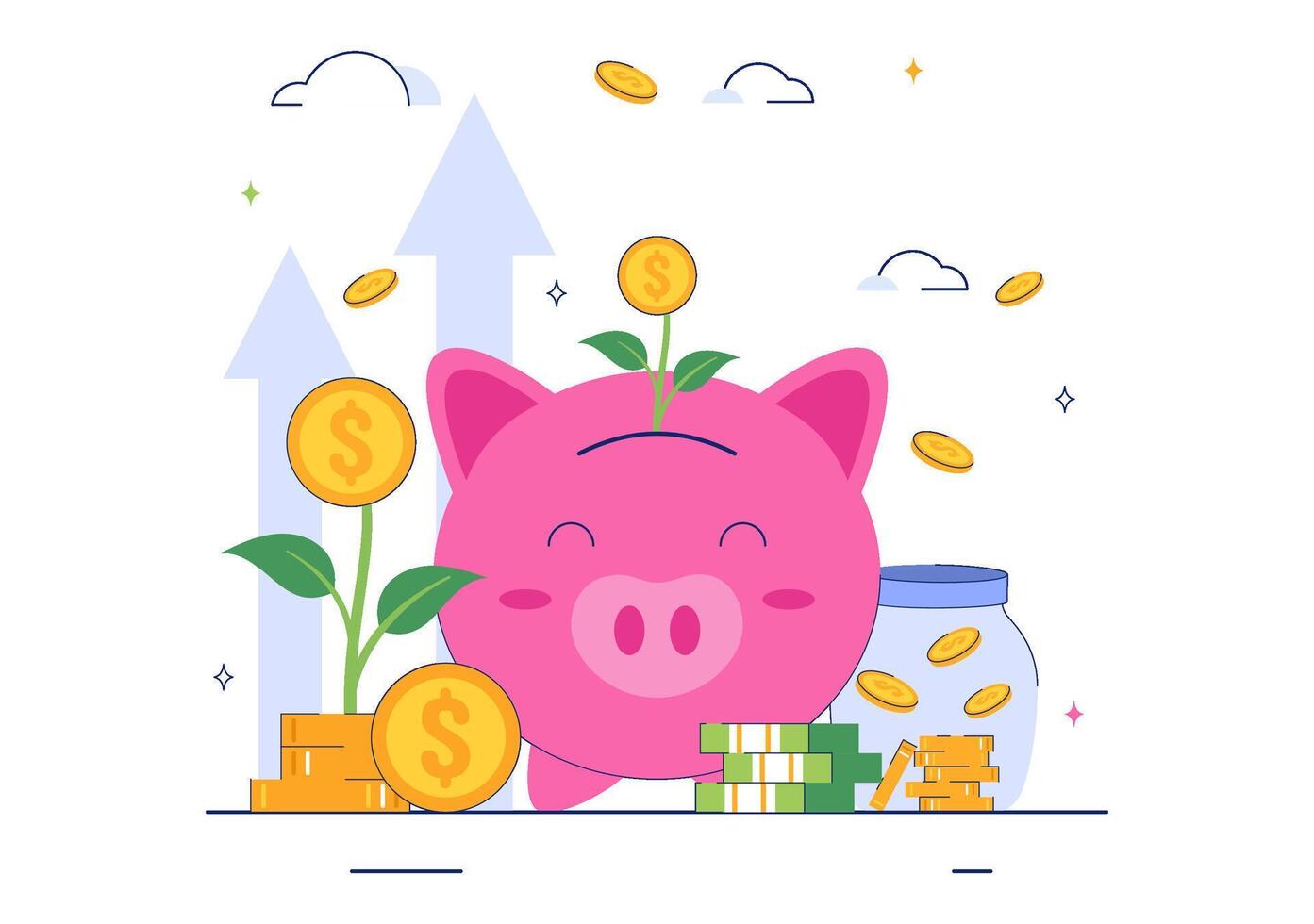Piggy bank with coins and plants vector