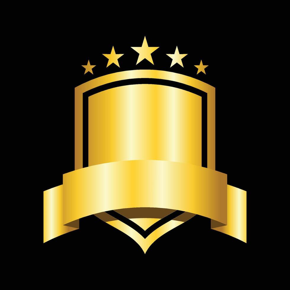 Golden Shield Emblem with Ribbon and Stars on Black Background vector