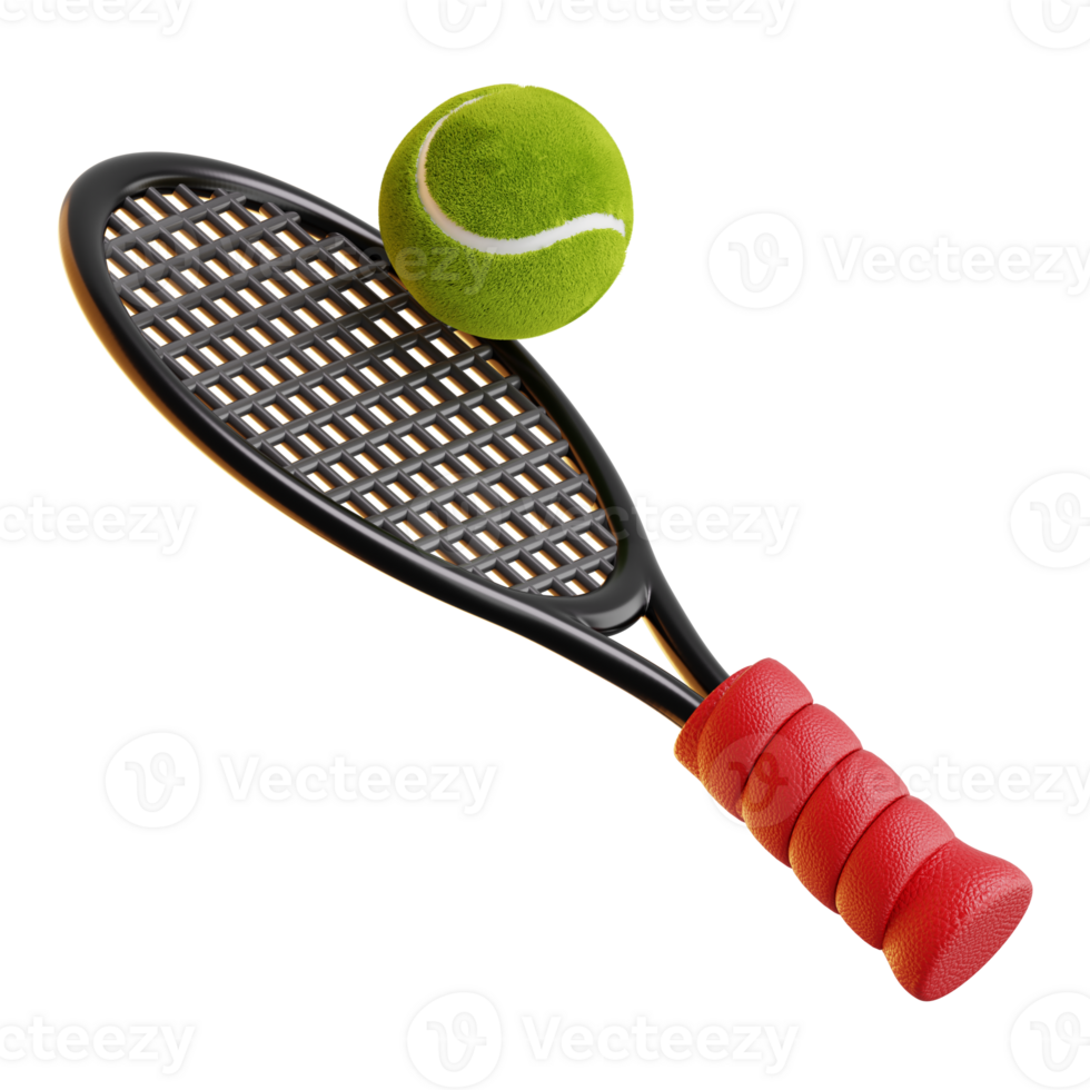 Tennis ball resting on a tennis racket 3d rendered icon png