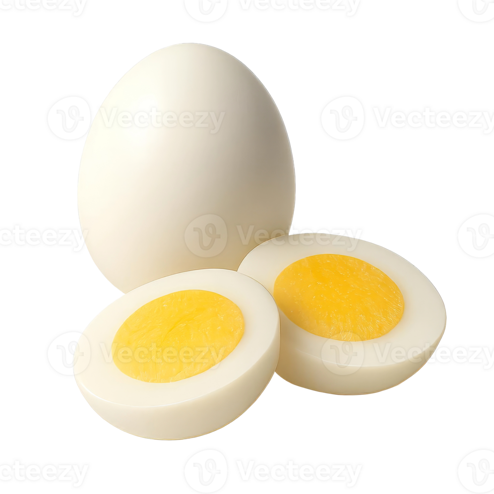 One whole and two halved boiled eggs on transparent background png