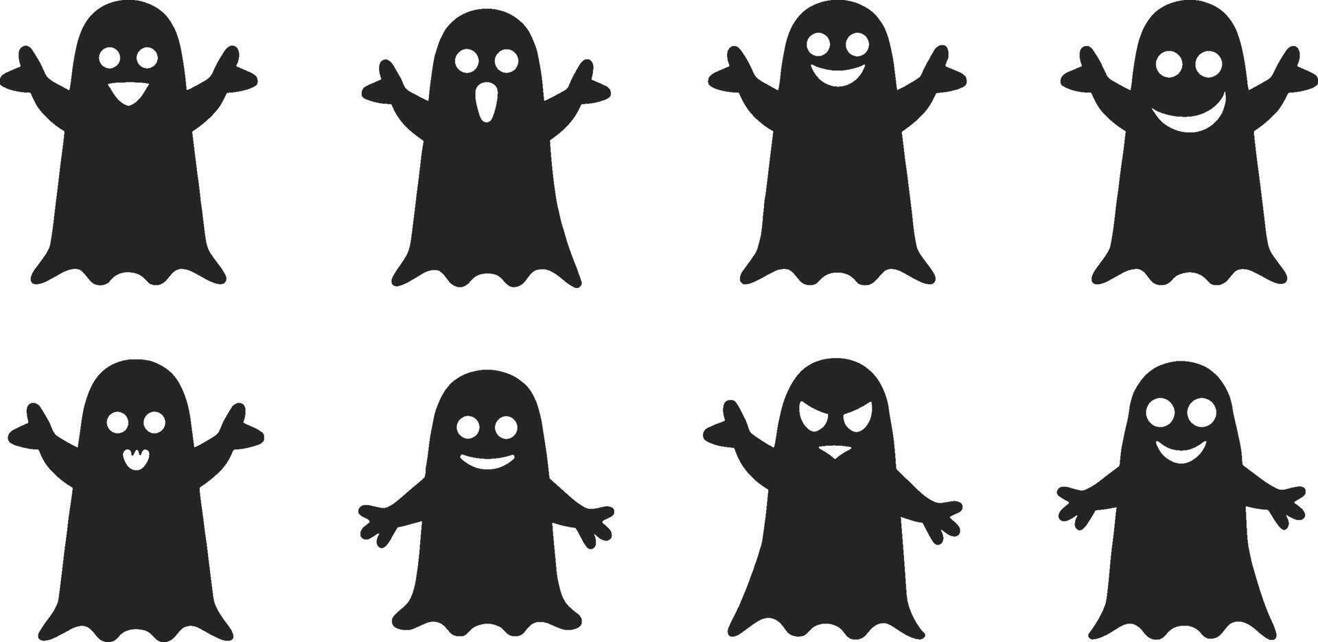 Black ghosts with varied expressions and open arms halloween spooky vector