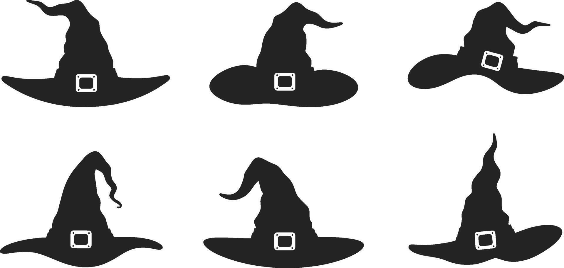 Six black witch hats with white buckles halloween silhouette vector