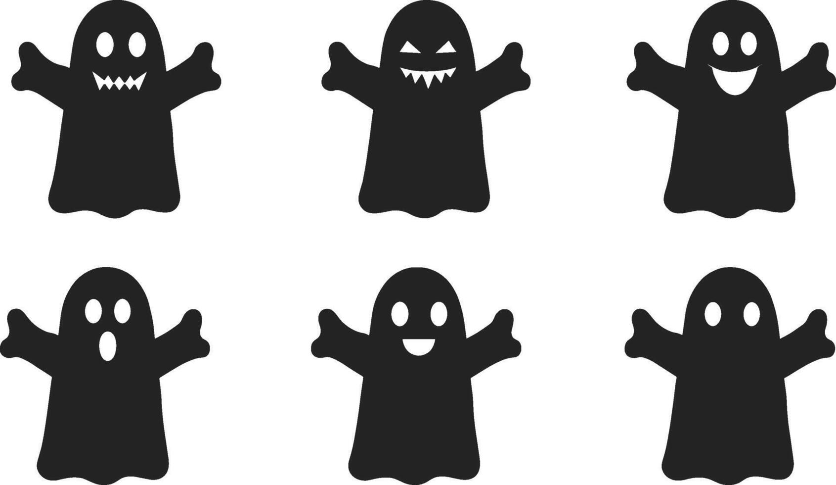 Six black ghost icons with varied facial expressions halloween spooky vector