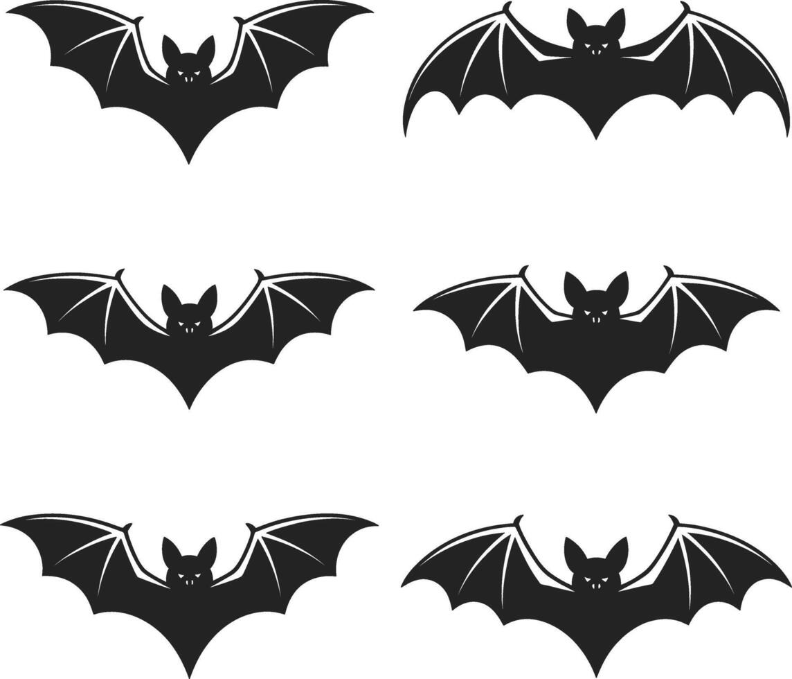 Six black bat silhouettes with spread wings vector