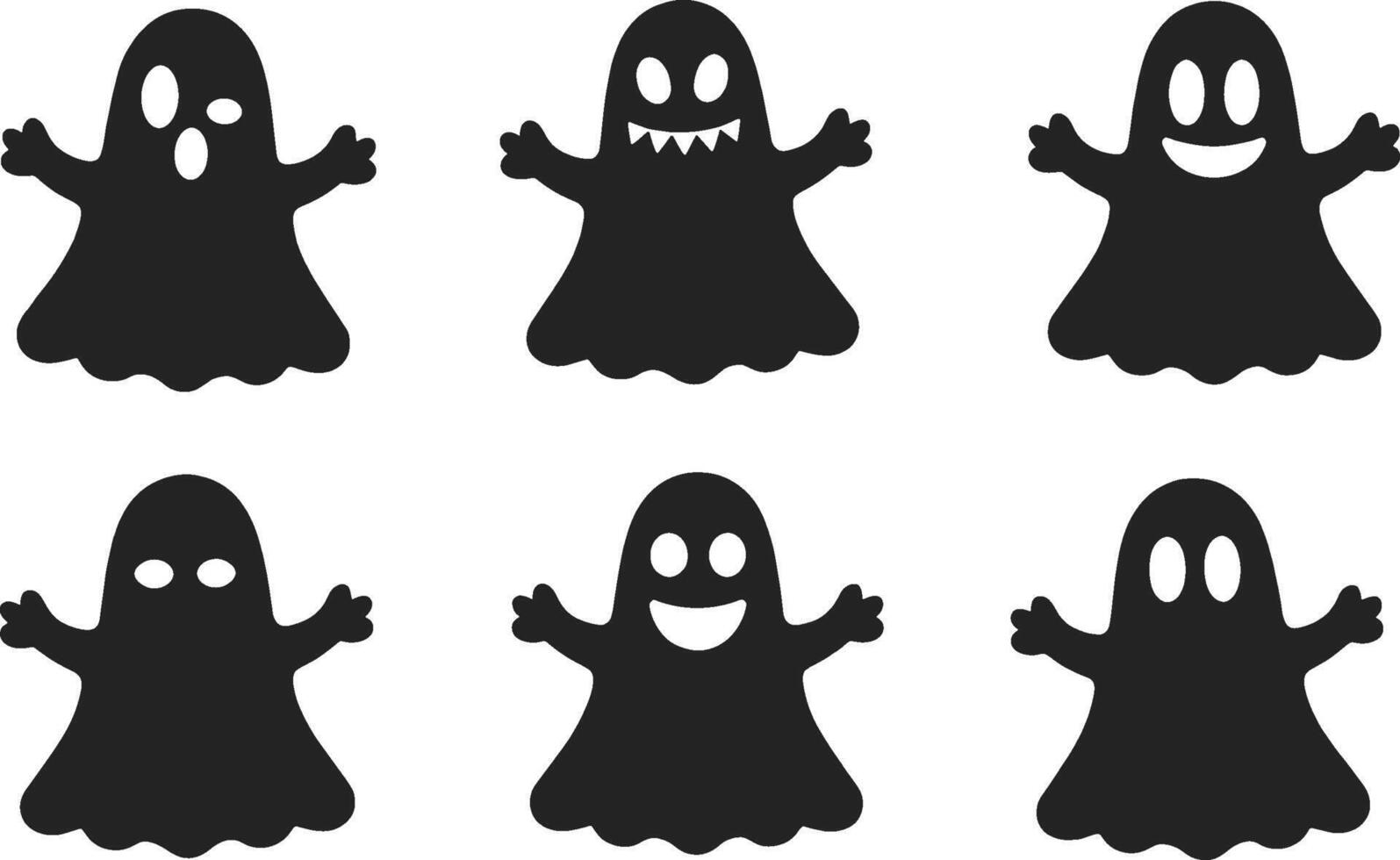 Six playful black ghosts with varied expressions halloween spooky vector