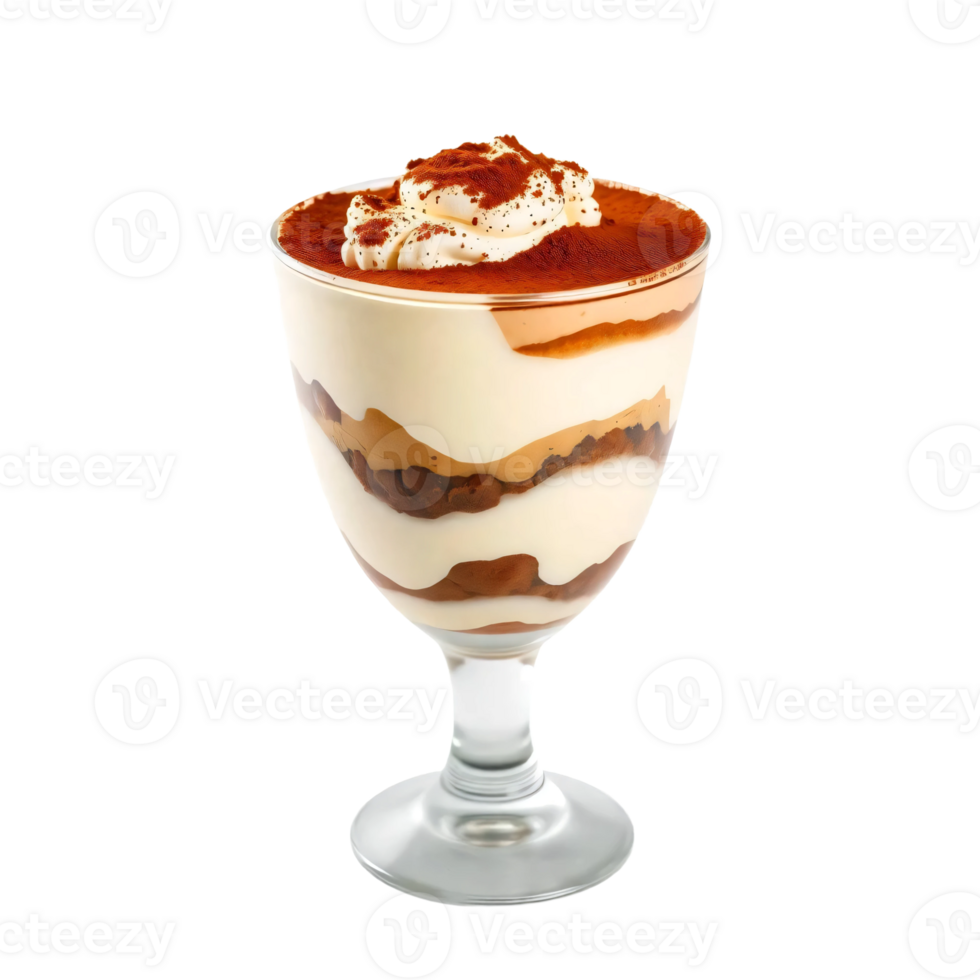 A dessert in a glass with whipped cream and chocolate png