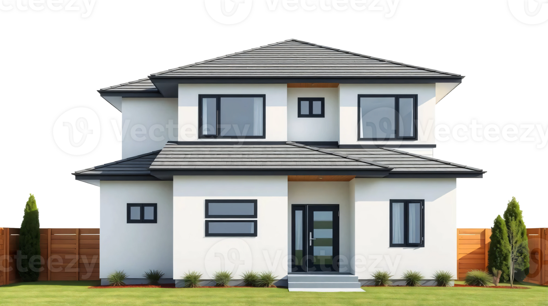 A modern house with a fence and grass png