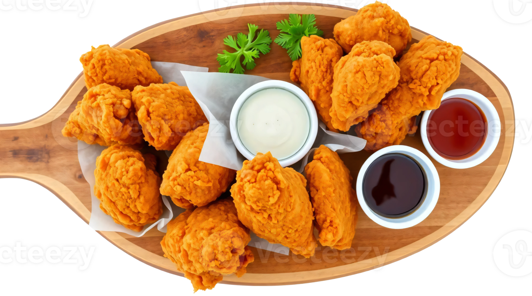 Chicken nuggets with dipping sauce on a wooden cutting board png