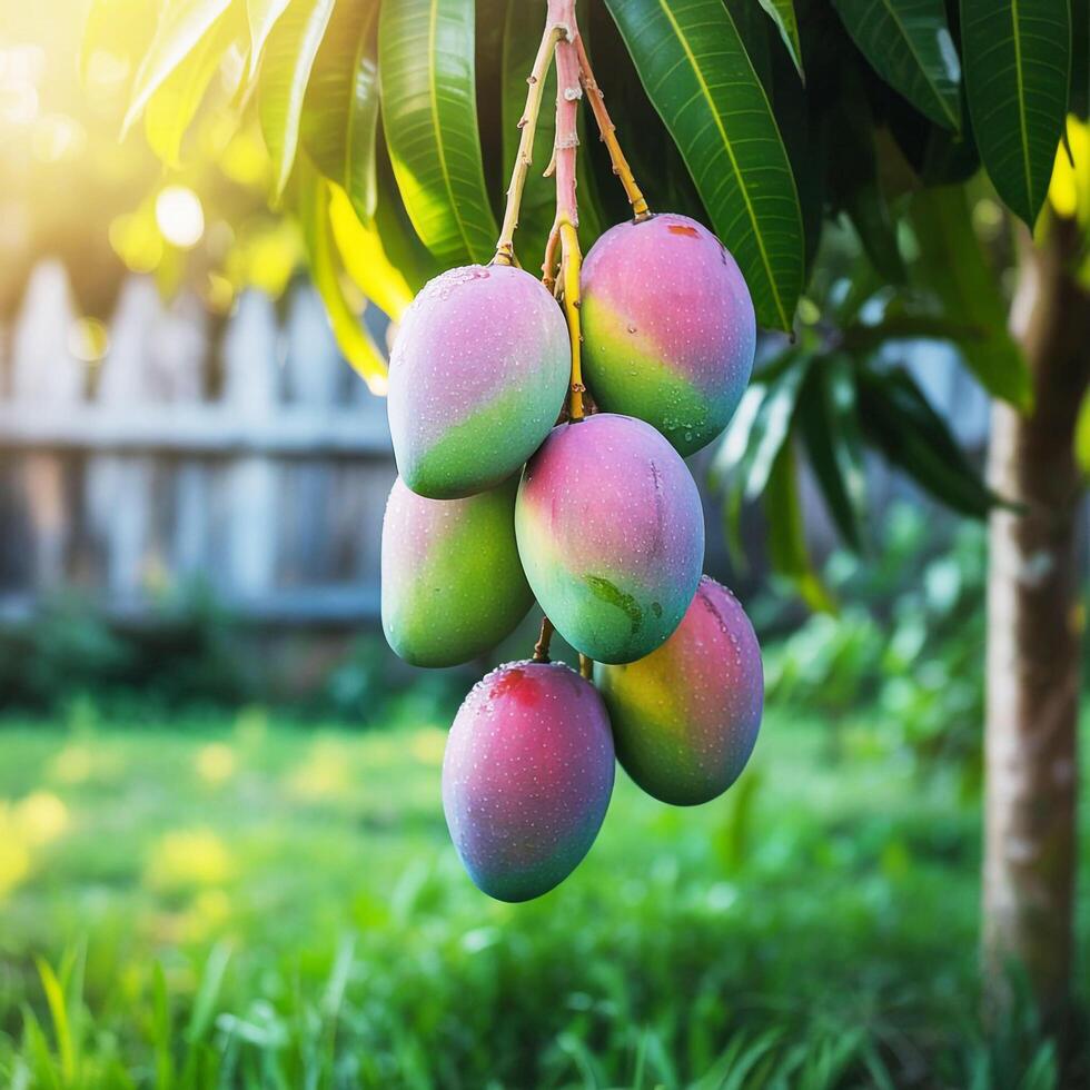 Bunch of Sweet and Colorful Mangoes Growing in the Sunshine photo