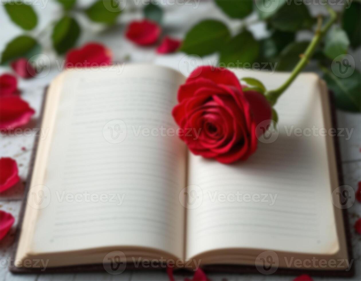 Red Rose on Open Book with Scattered Petals photo