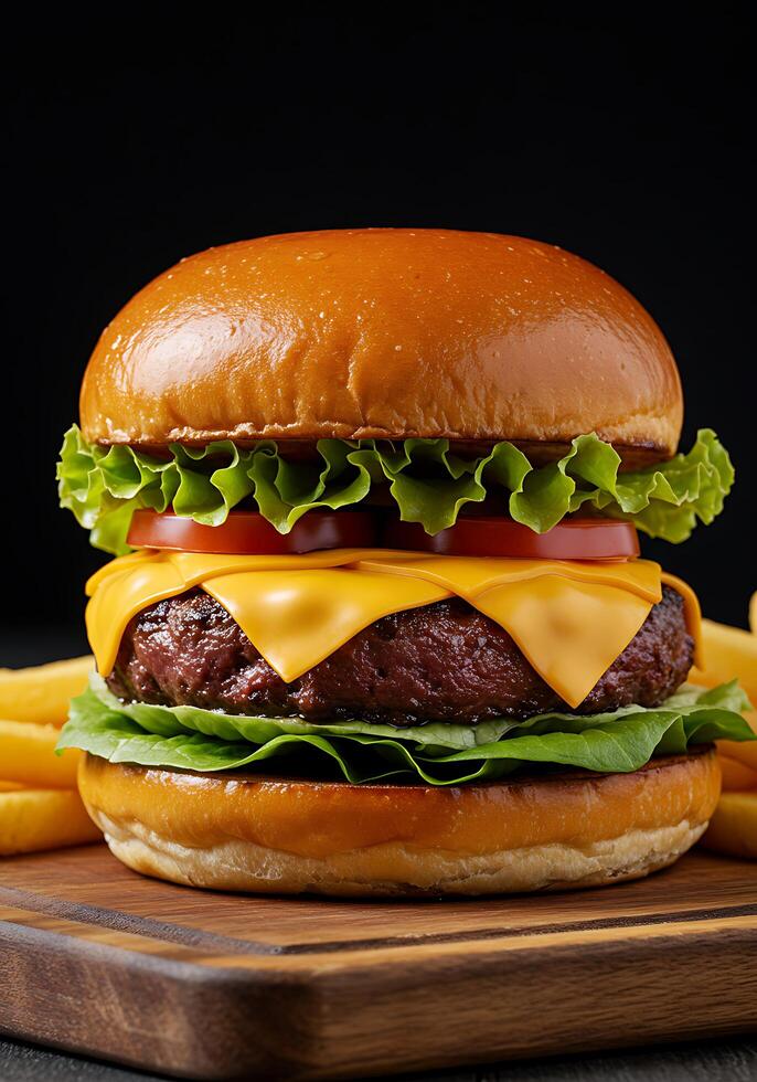 Classic Cheeseburger with Fries on a Wooden Board photo