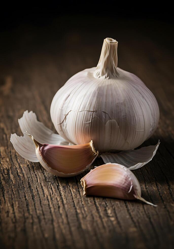 Garlic Bulb and Cloves on a Rustic Wooden Table photo
