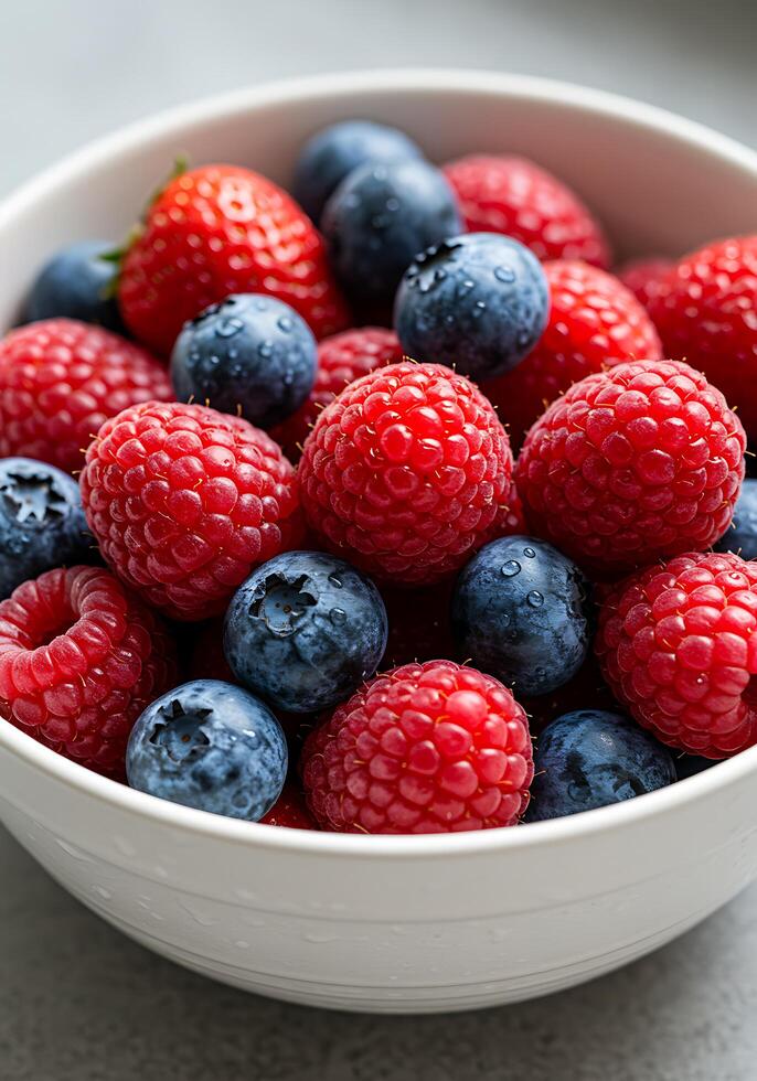 A fresh bowl of mixed berries with raspberries, blueberries, and strawberries photo