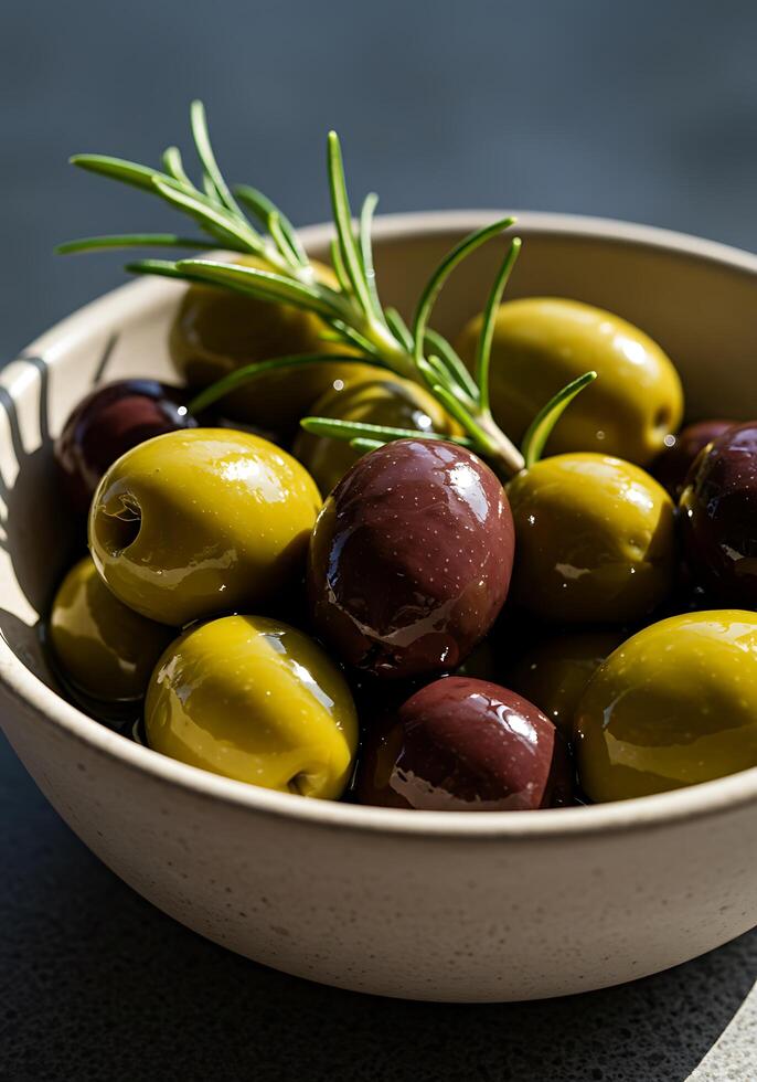 Bowl of Mixed Olives with Rosemary Sprig photo