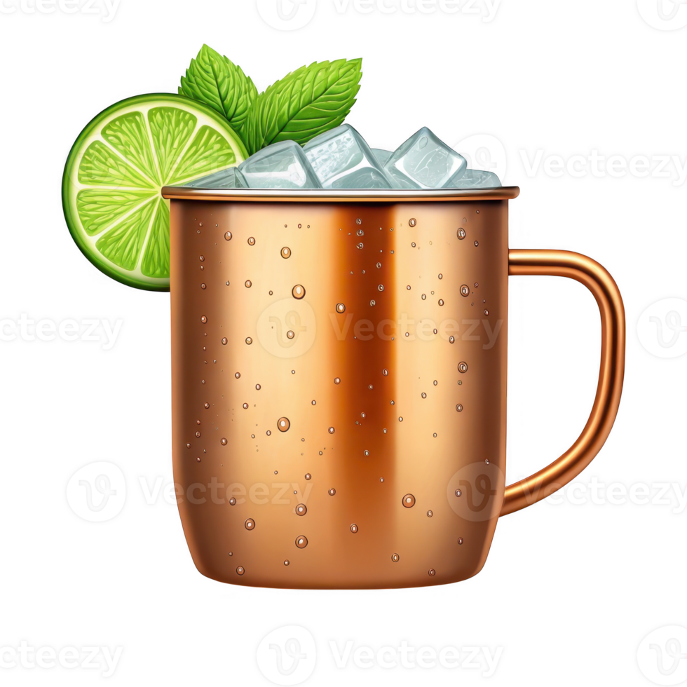 Refreshing moscow mule cocktail in a copper mug with lime and mint isolated on transparent background png