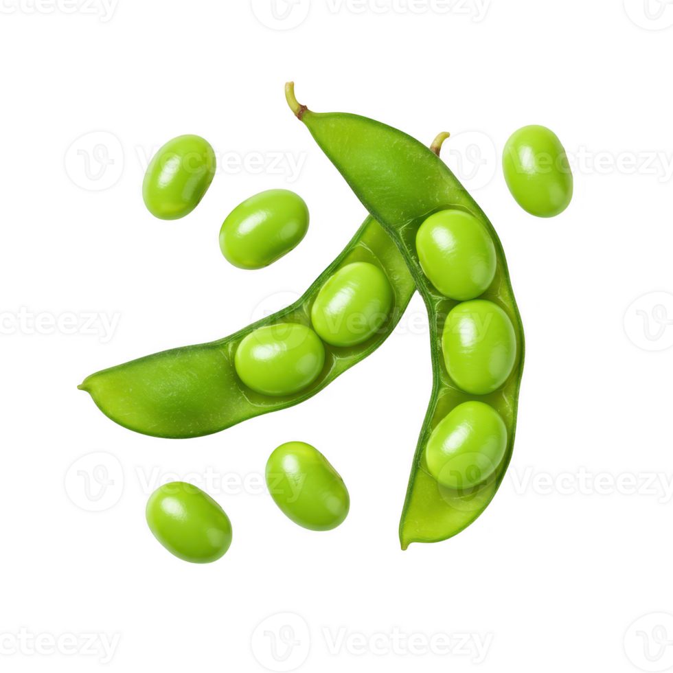 Fresh edamame beans in pods and loose, isolated on transparent background png
