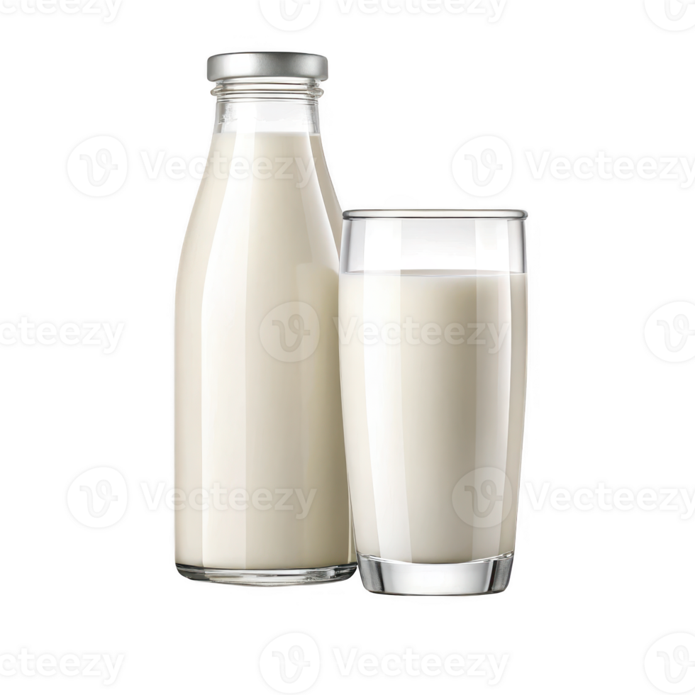 A glass and bottle of fresh white milk isolated on transparent background png