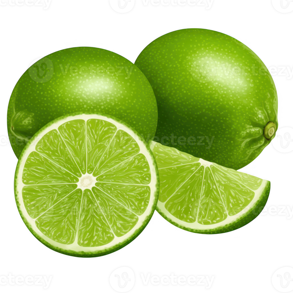Isolated image of fresh green limes with slices on transparent background png