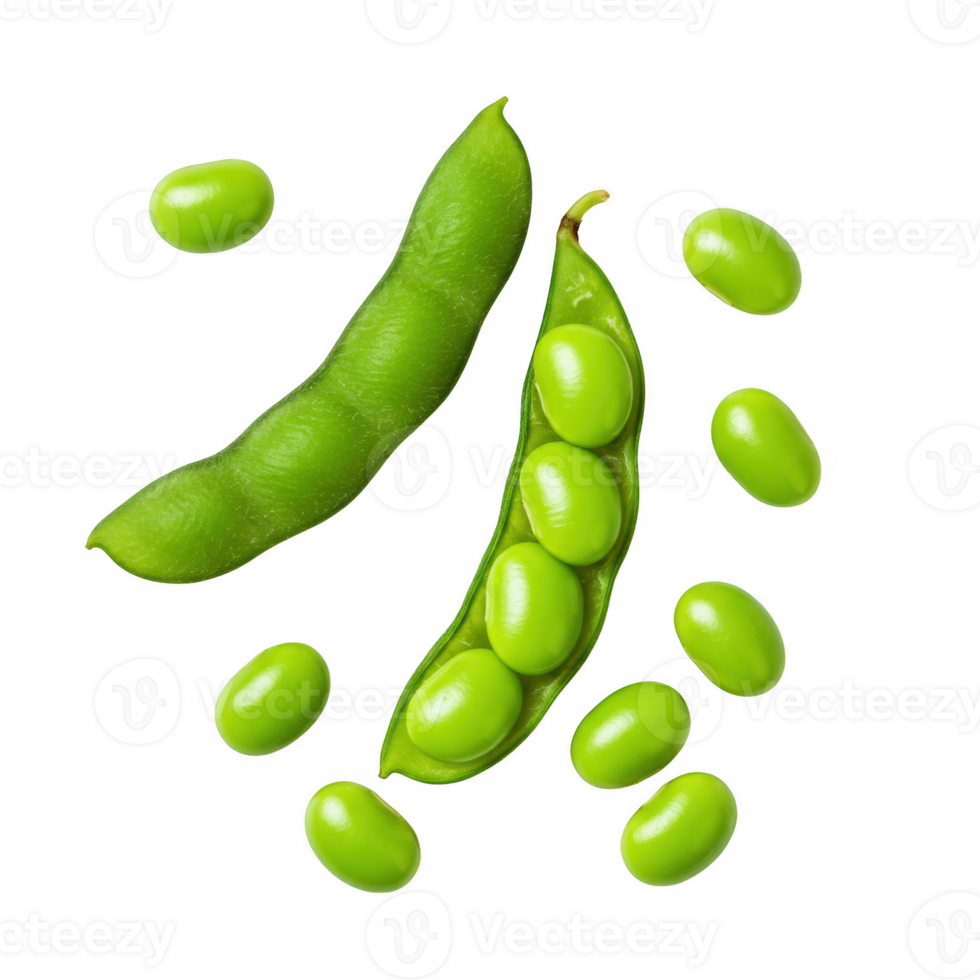 Isolated edamame pods and beans on a transparent background png