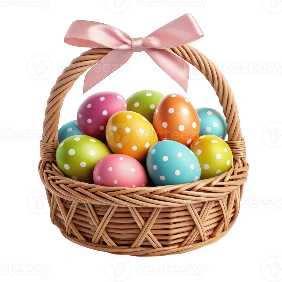 A wicker easter basket filled with colorful polka dot eggs and tied with a pink ribbon isolated on transparent background png