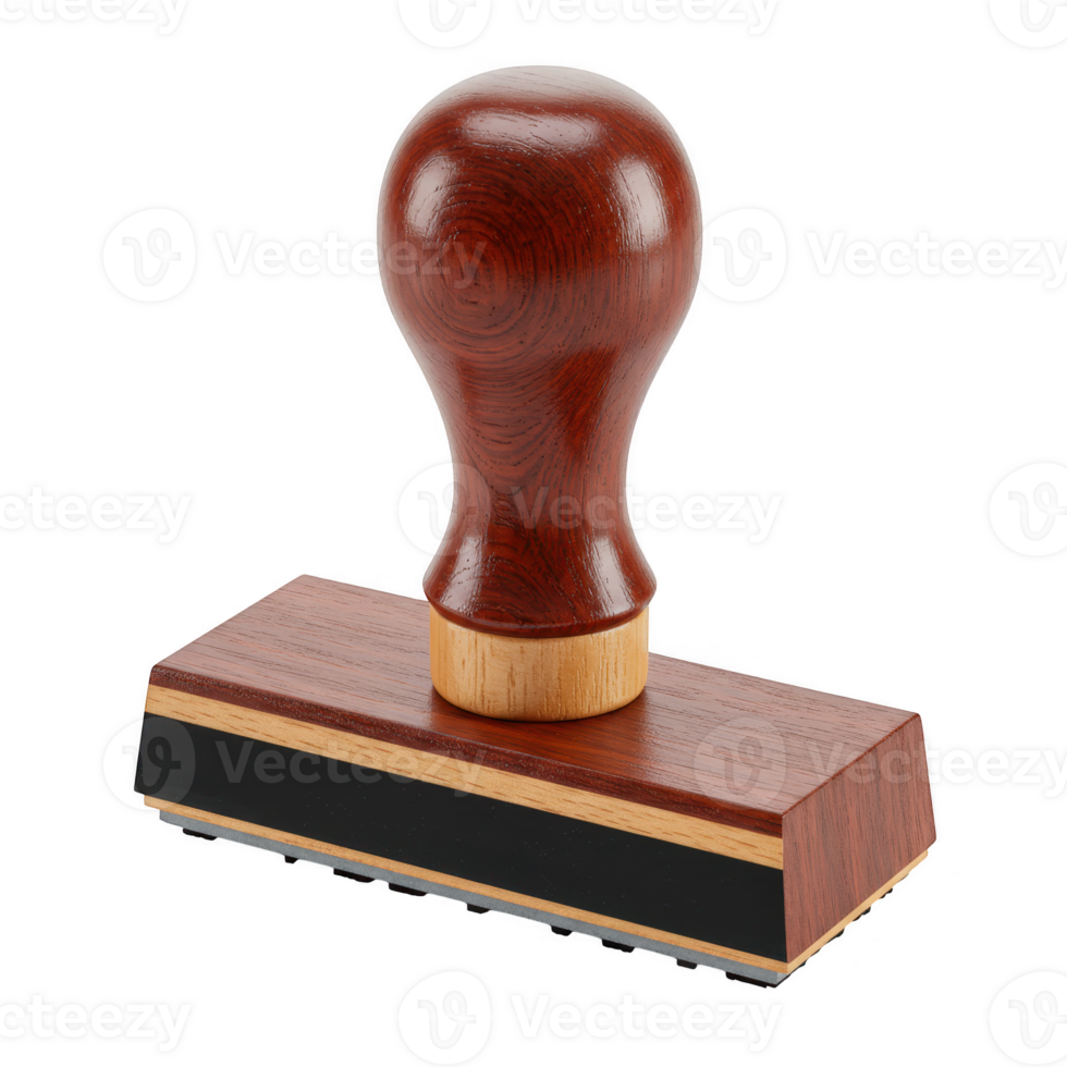 Classic wooden handle rubber stamp with dark wood base isolated on transparent background png