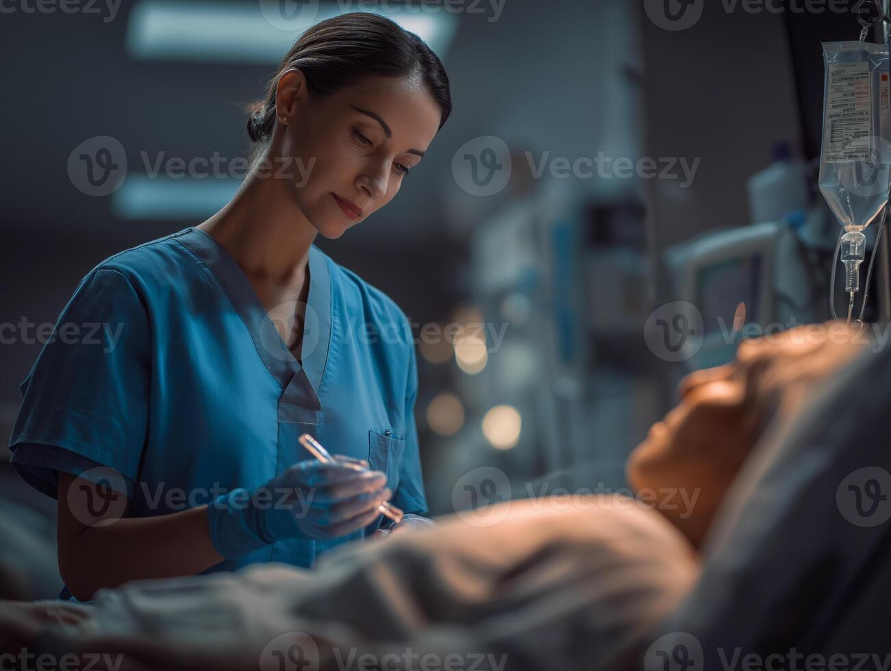 Nurse in a hospital room preparing an IV for a patient. Clinical environment, professional care, soft lighting. Healthcare and medical service concept. photo