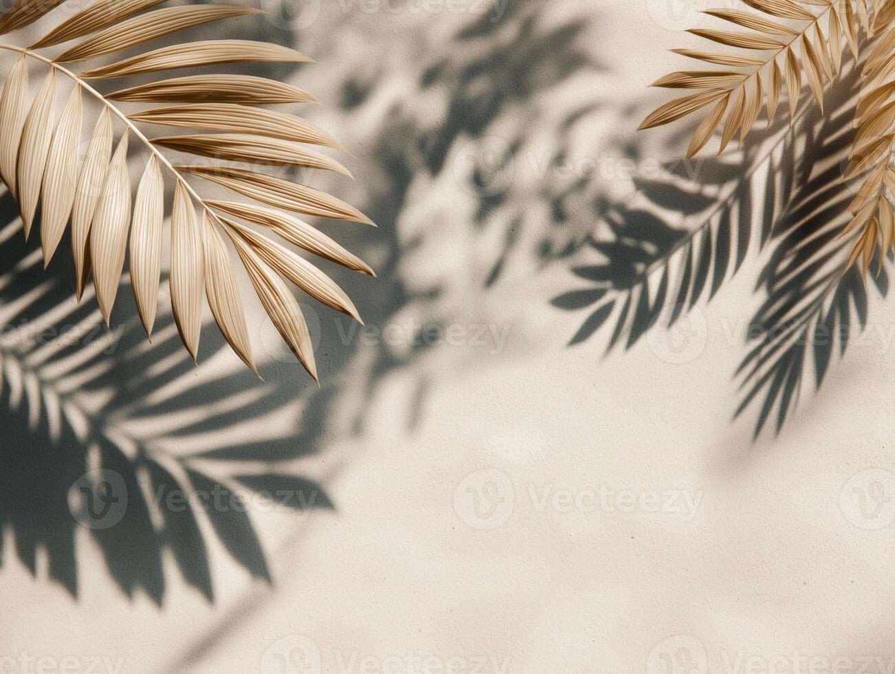 Minimalist tropical background with palm leaves and soft natural shadows on a beige textured surface. Elegant composition perfect for branding, design mockups, and summer-themed content. photo