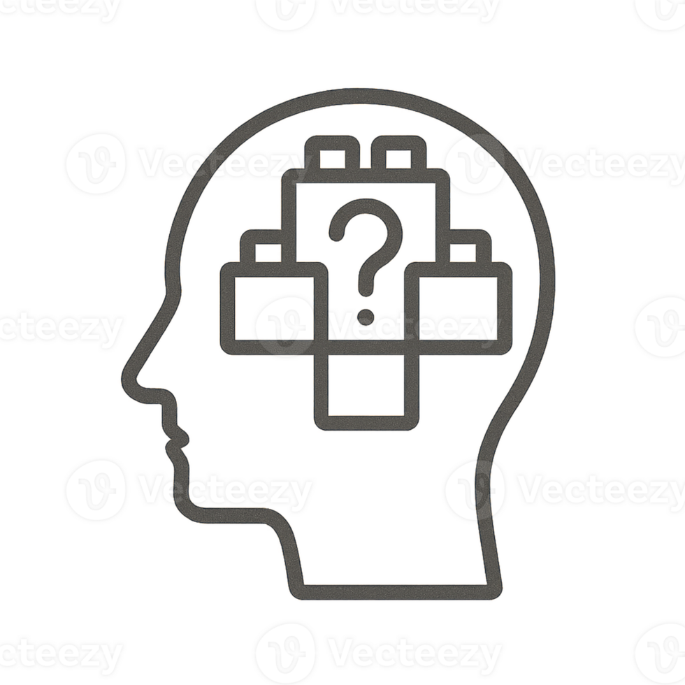 Minimal flat-style icon of a human head with a brain made of geometric blocks and a question mark. Ideal for topics related to thinking, decision-making, psychology, or knowledge. png