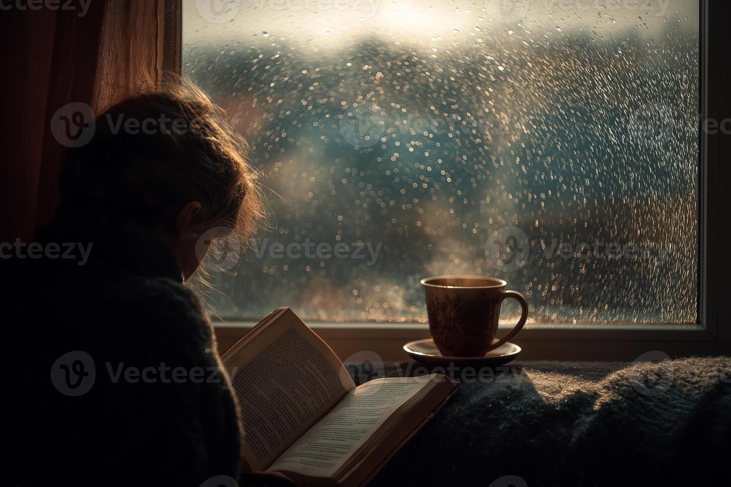 Person reading a book beside a rainy window. Warm and calm setting with tea, soft lighting, and peaceful vibes. photo