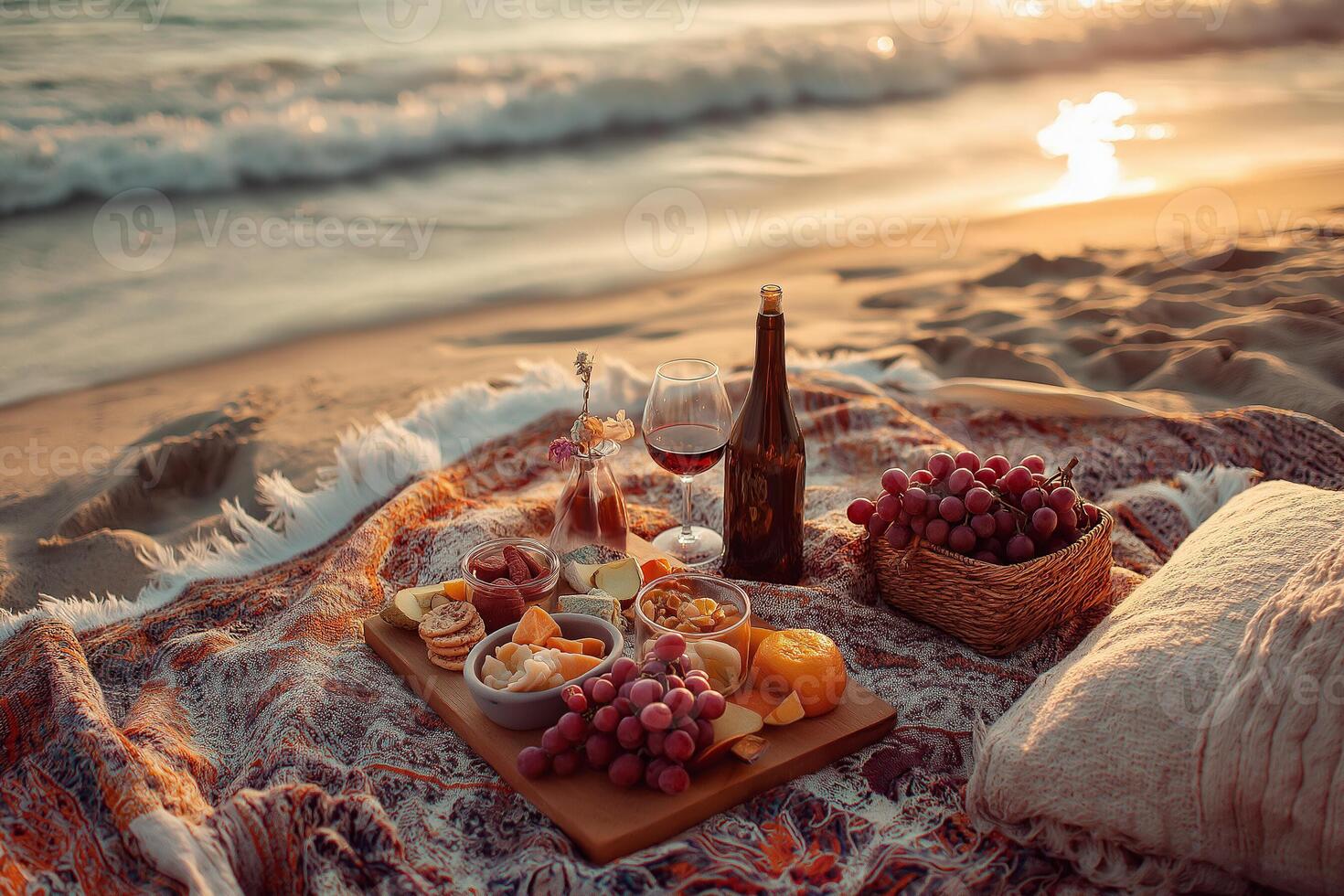 Top-down beach picnic at sunset with fruits, snacks, and wine. Calm ocean waves and warm tones create a relaxing vibe. photo