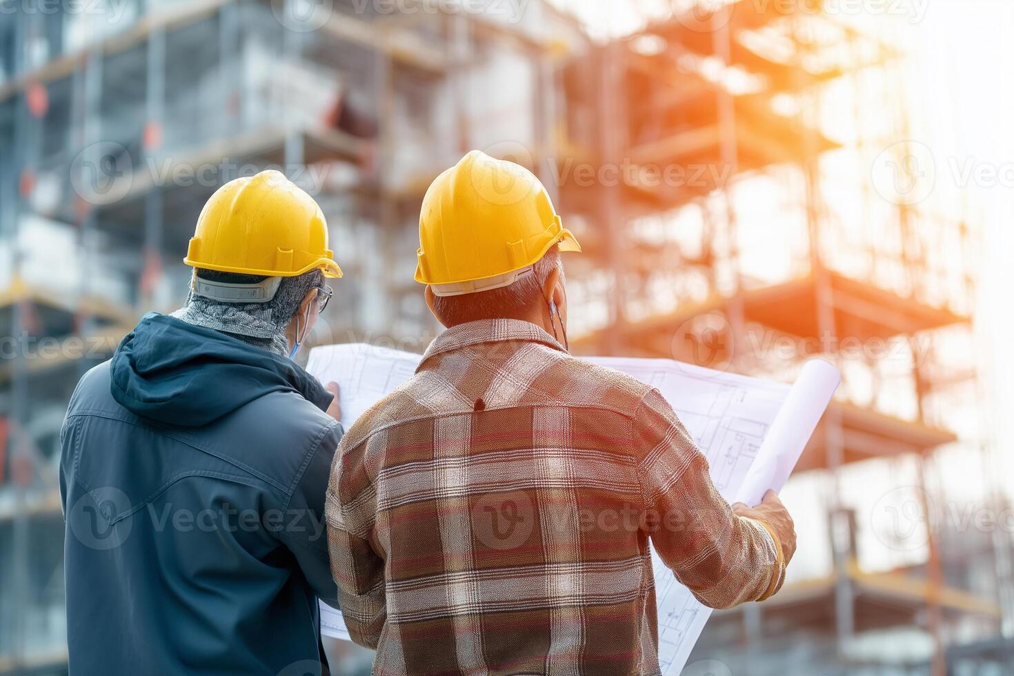 Construction foreman and worker reviewing blueprints on-site. Sunlit industrial setting with teamwork and planning theme. photo