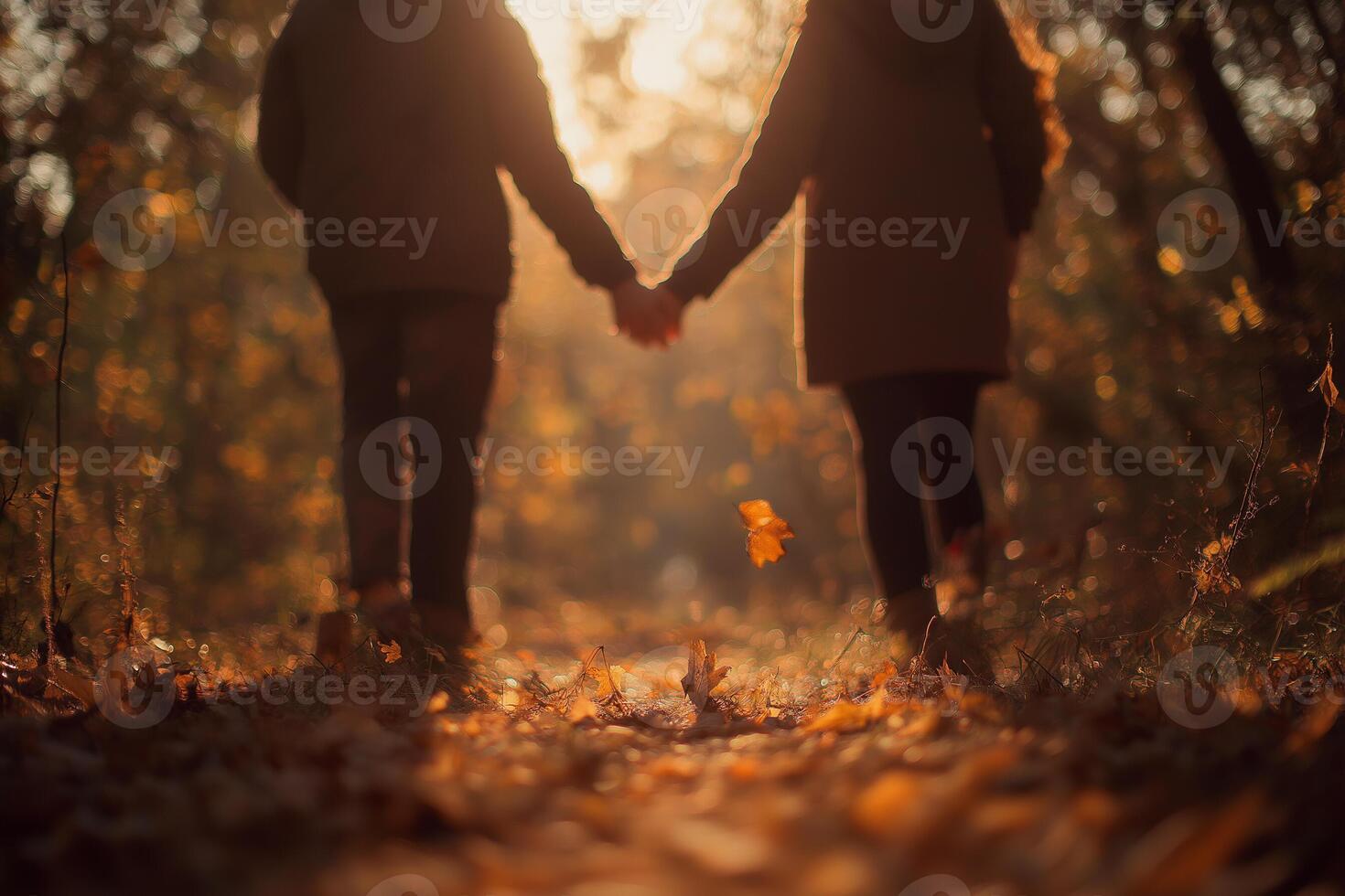Couple holding hands in an autumn forest with falling leaves and golden sunlight. A soft and romantic natural scene. photo