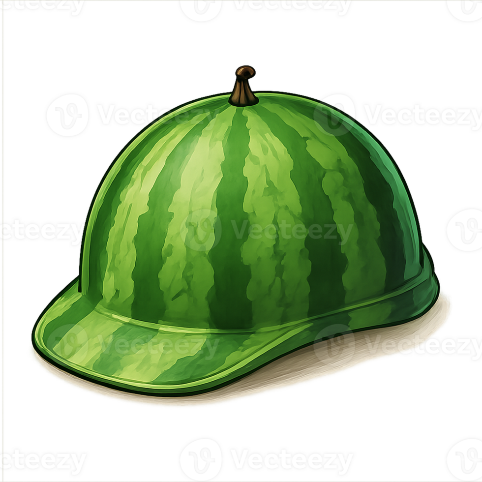 A humorous and unexpected design a construction helmet shaped like a ripe watermelon. A fun concept mixing fruit and safety gear. png