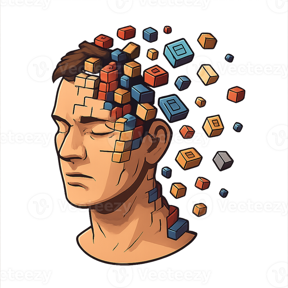 Surreal male head dissolving into colorful building blocks png