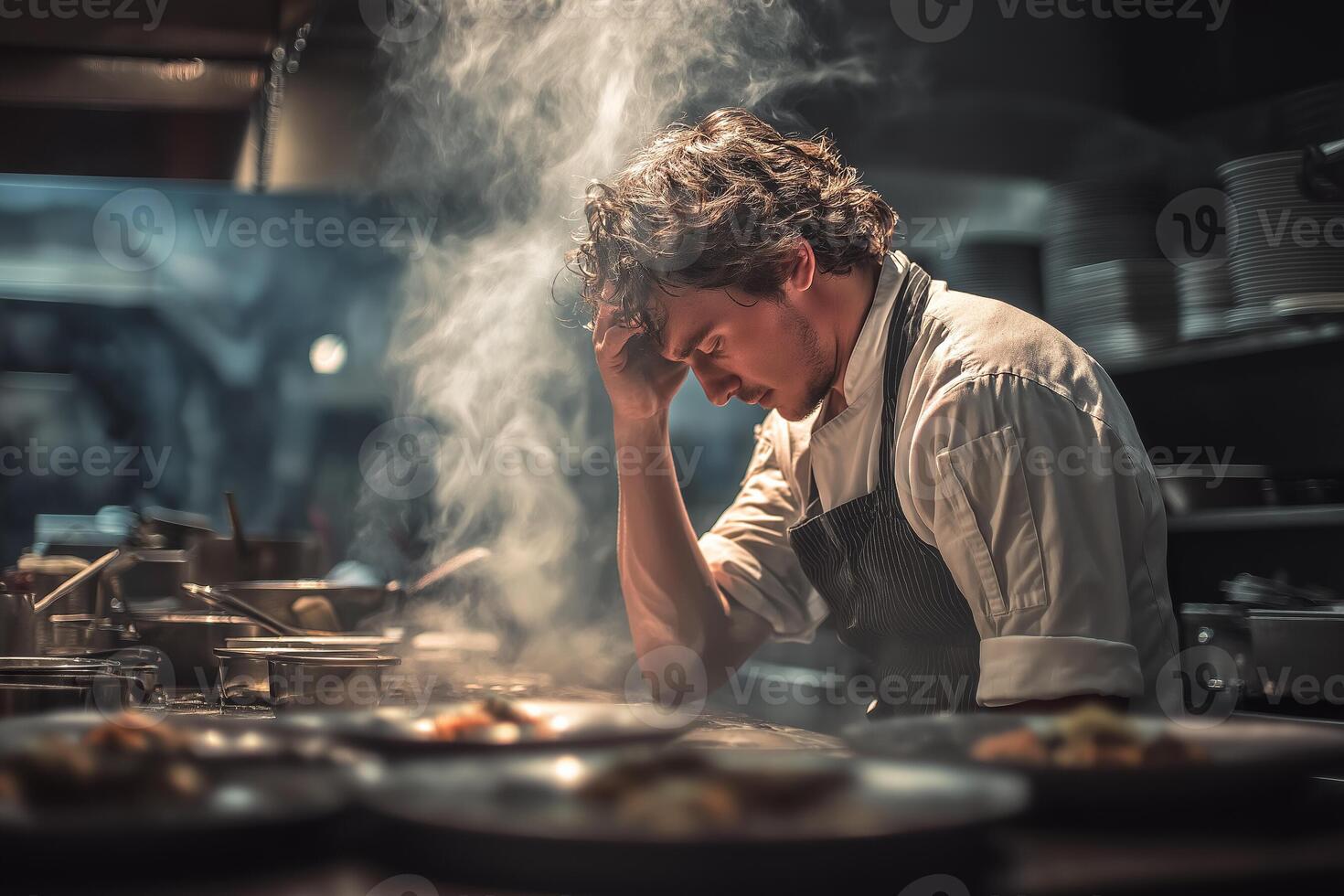 A tired cook in a steamy kitchen during rush hour. The scene is filled with motion, heat, and focus as dishes are being plated. photo