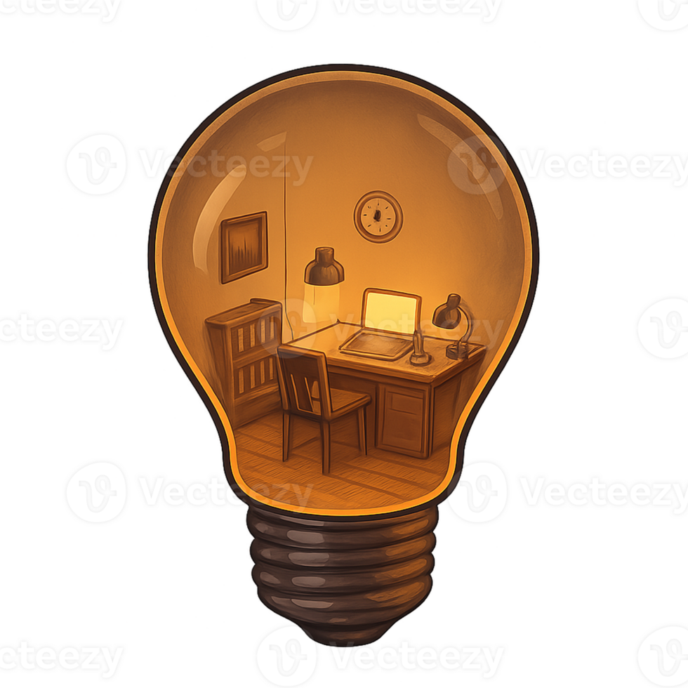 A cozy and imaginative home office setup placed inside a glowing light bulb. A symbolic scene about ideas, inspiration, and comfort. png