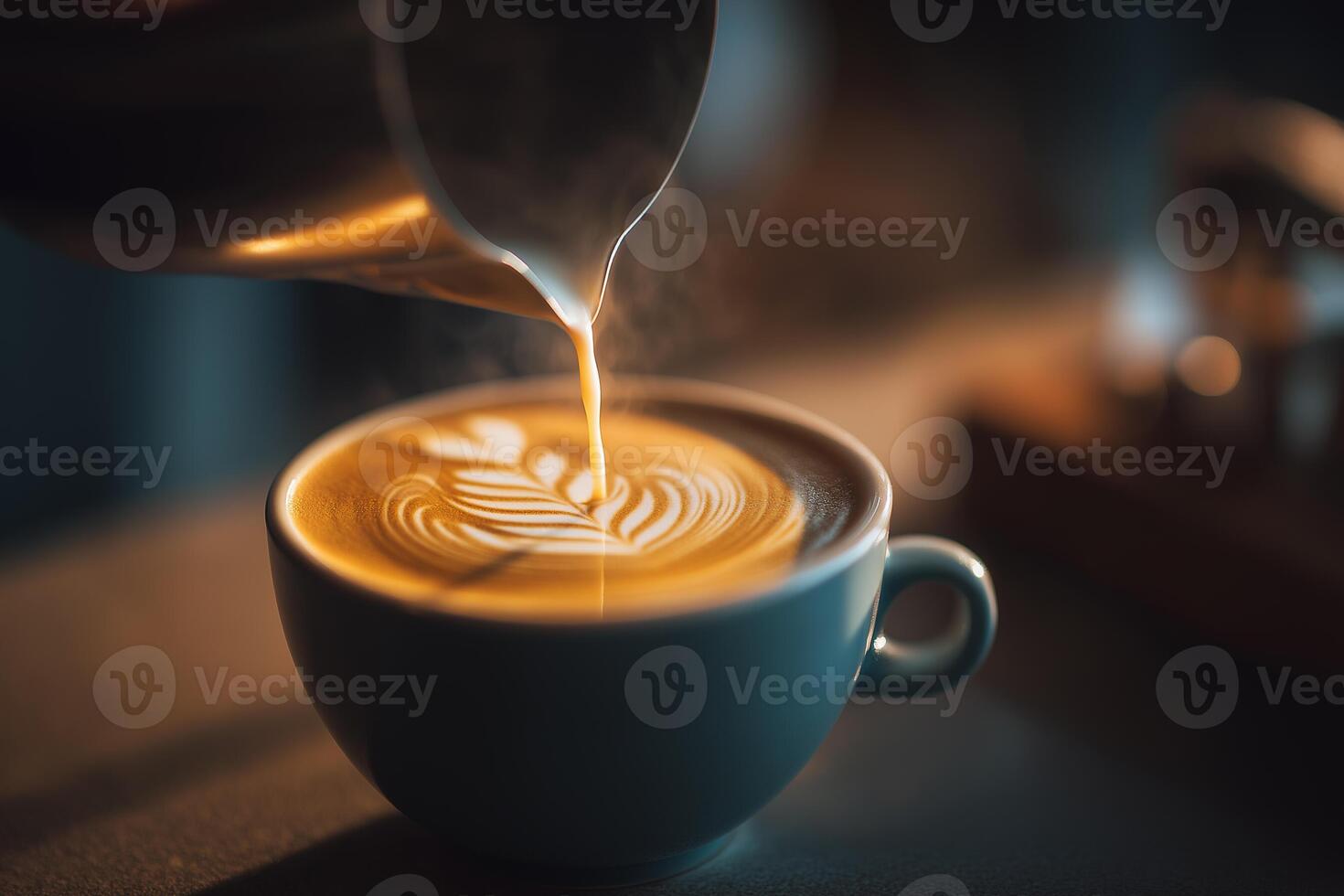 Barista making latte art in a cozy cafe. Warm light, coffee foam, focused atmosphere, and shallow depth of field create an inviting coffee scene. photo